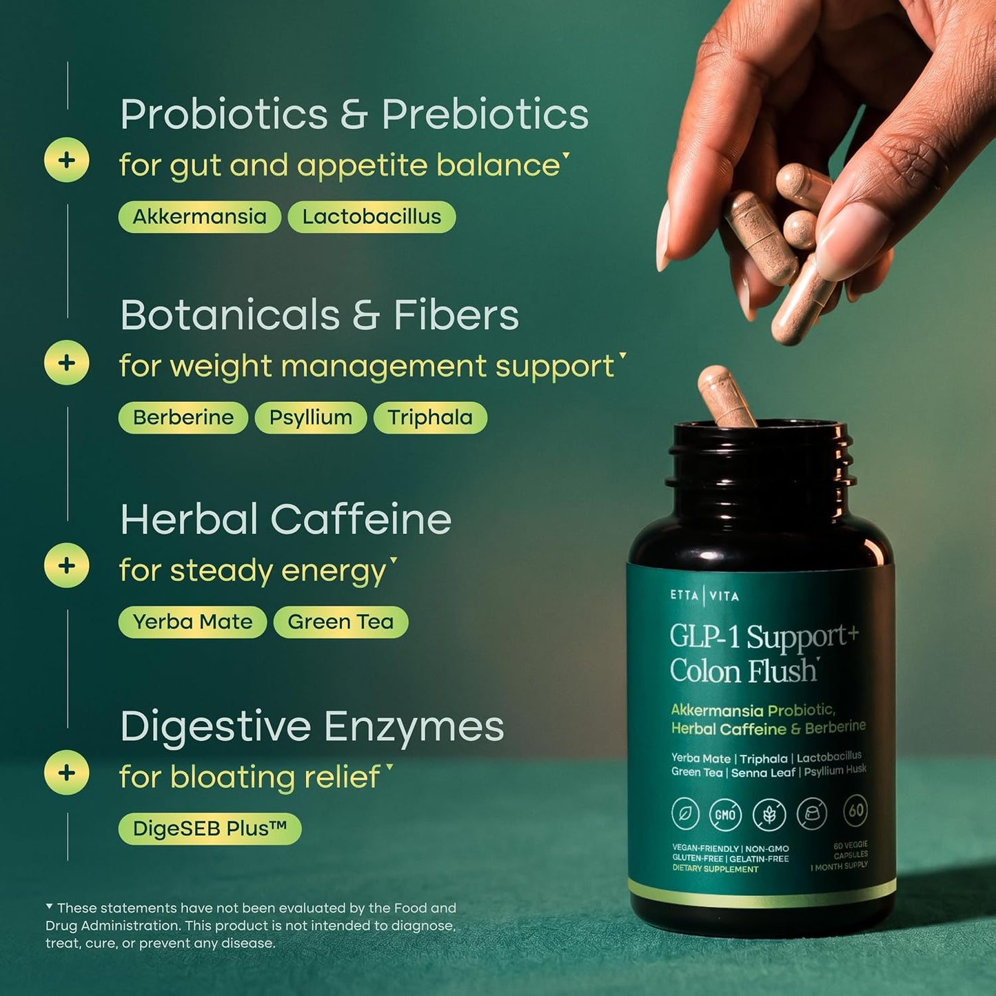 GLP-1 Support + Triphala Colon Cleanse – Gut Health & Energy – Berberine, Akkermansia Probiotic, Yerba Mate, Psyllium Husk, Senna Leaf for Women & Men 60ct