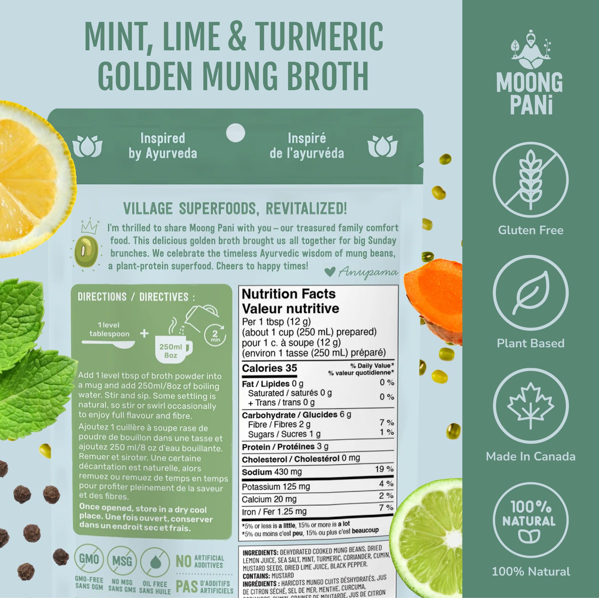 Nutrition facts for Mint, Lime, Turmeric Golden Broth | 18g Plant Protein/pouch | 9 Cups
