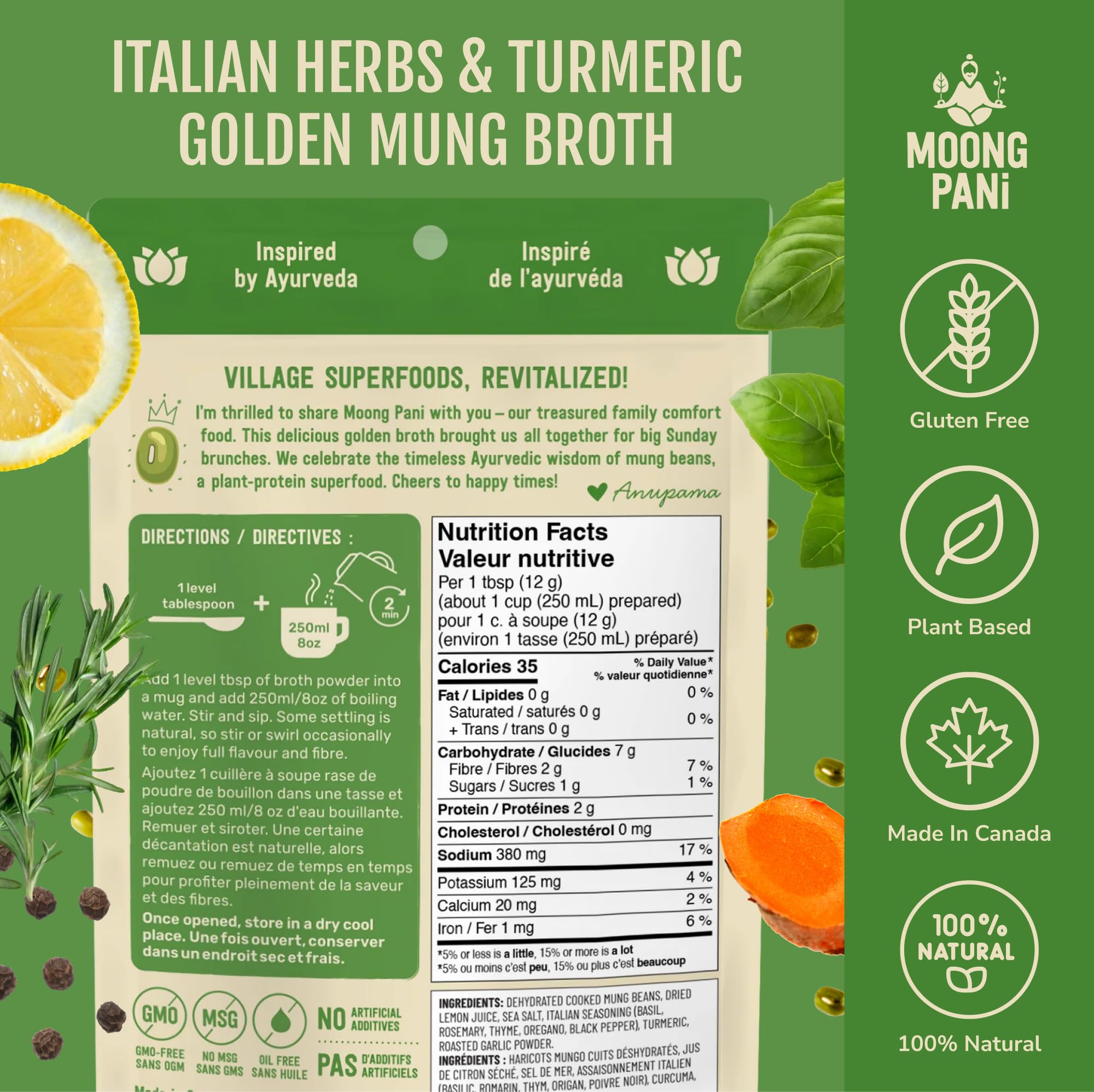 Nutrition facts for Italian Herbs, Turmeric Golden Broth | 18g Total Protein/pouch | 9 Cups