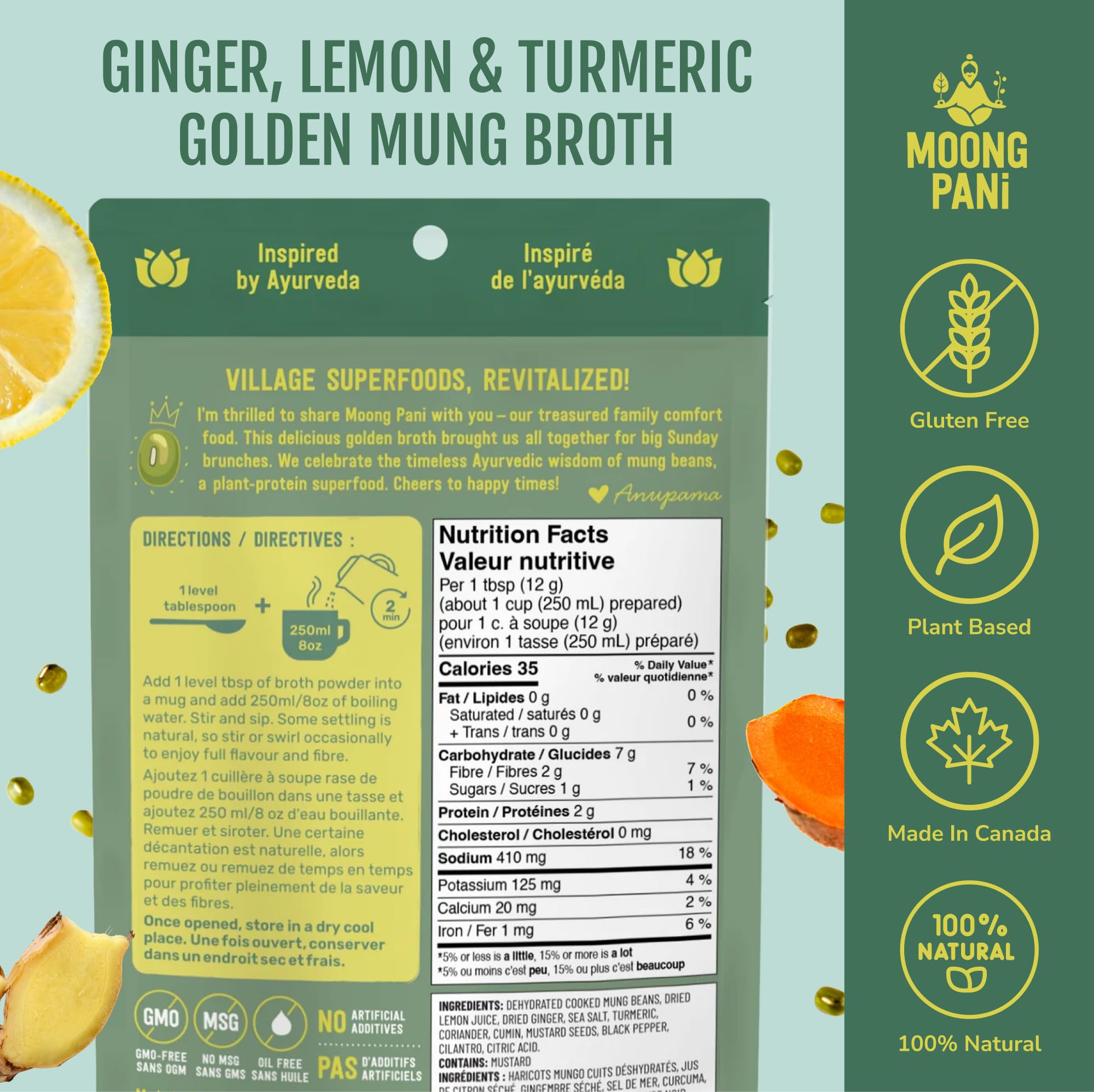 Nutrition facts for Ginger, Lemon, Turmeric Golden Broth | 18g Plant Protein/pouch | 9 cups