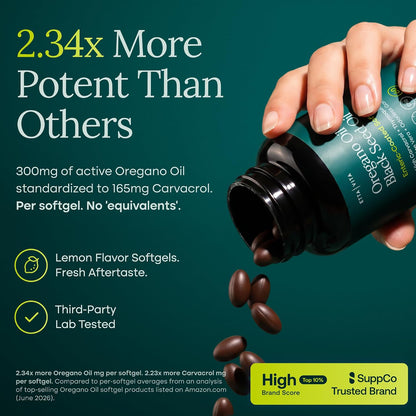 Oil of Oregano with Black Seed Oil, Enteric Coated Vegan Softgels, No Burps | High-Carvacrol Oil of Oregano with Black Seed Oil, Thymoquinone, Allicin & Aloe Vera - Supports Immunity & Gut Health, 60ct