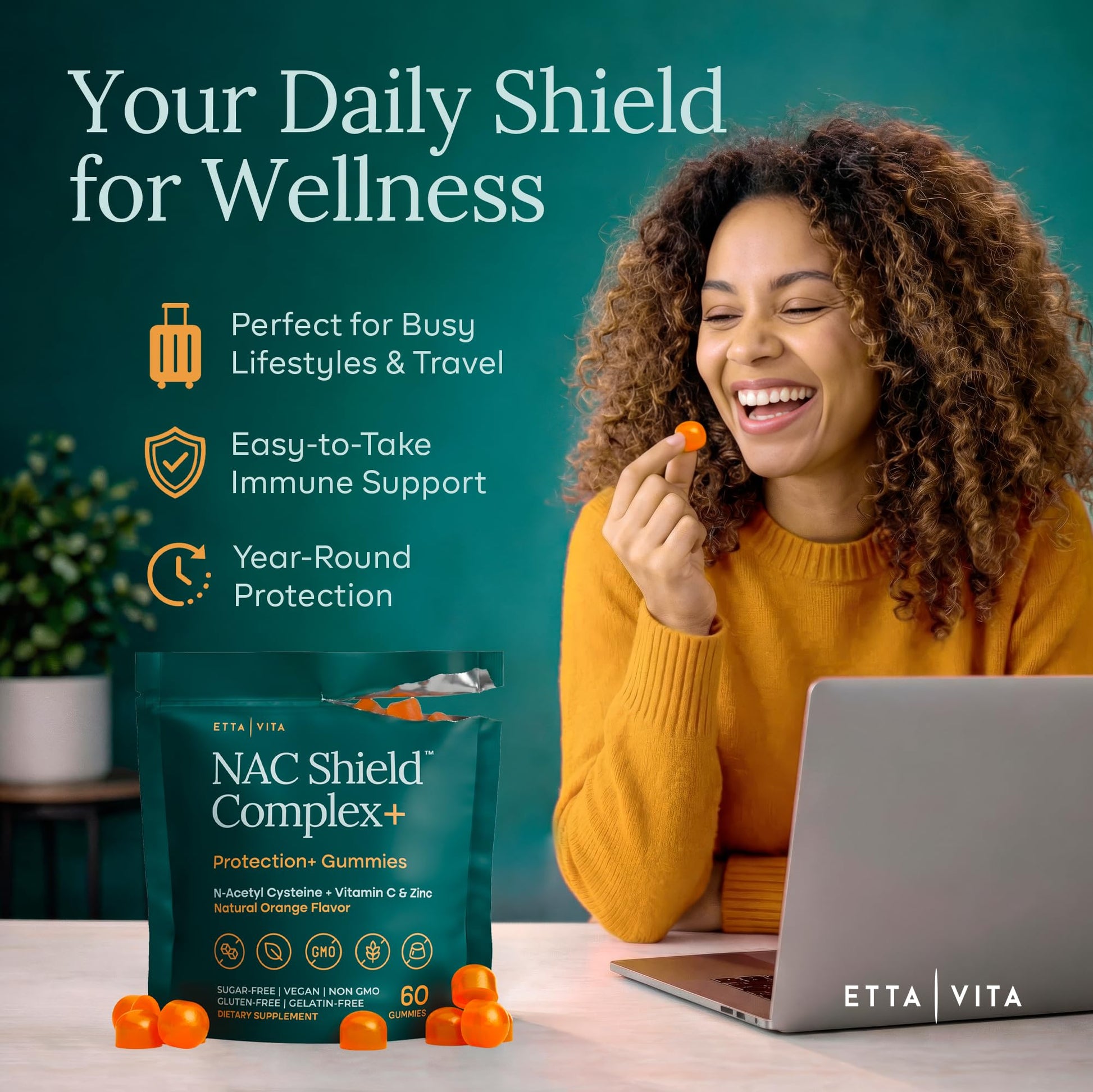 Sugar - Free Gummies - NAC Shield (Immune Support Complex) N - Acetyl Cysteine, Vitamin C & Zinc - Vegan America