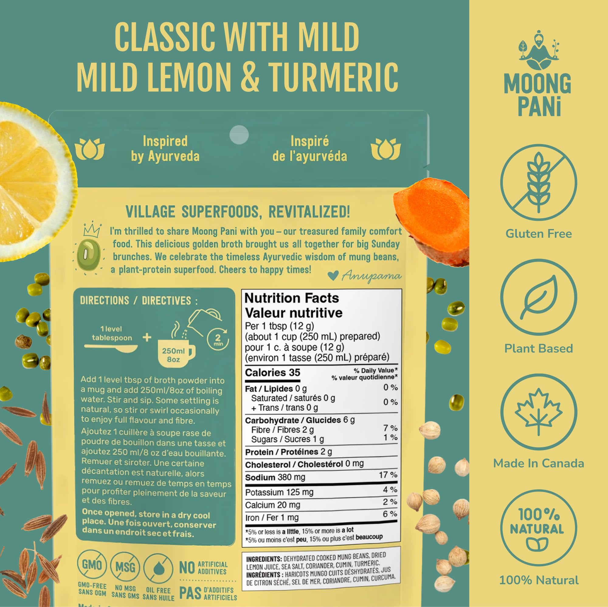 Nutrition facts for Mild Lemon, Turmeric Golden Broth | 18g Total Protein/pouch | 9 Cups