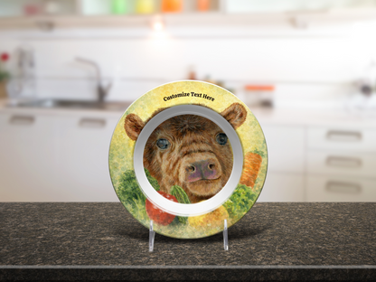 Personalized Plate & Bowl with Cow & Garden Veggies – Whimsical Tableware for Everyone