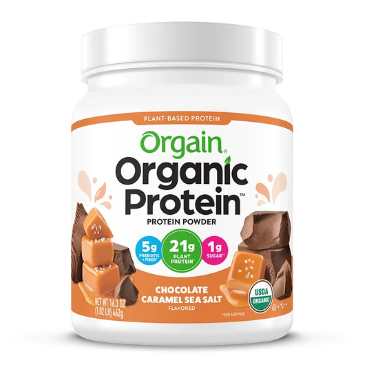 Front of Organic Protein Plant Based Protein Powder - Chocolate Caramel Sea Salt  Flavor in the 1.02lb Canister Size