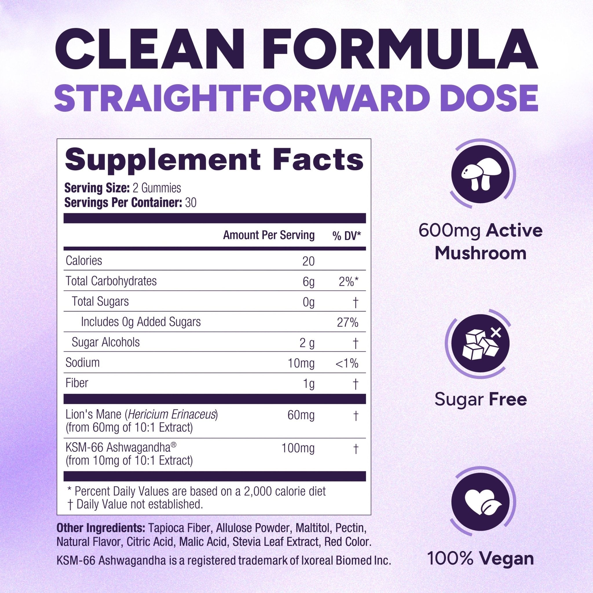 Ingredient list for Sugar-Free Lions Mane Gummies for Adults (600mg) Clarity, Focus, Memory & Mood