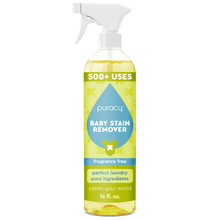Bottle of Puracy Baby Stain Remover, offering over 500 uses. It features eco-friendly, plant-based enzymes and a hypoallergenic formula. This 16 fl oz product is fragrance-free.