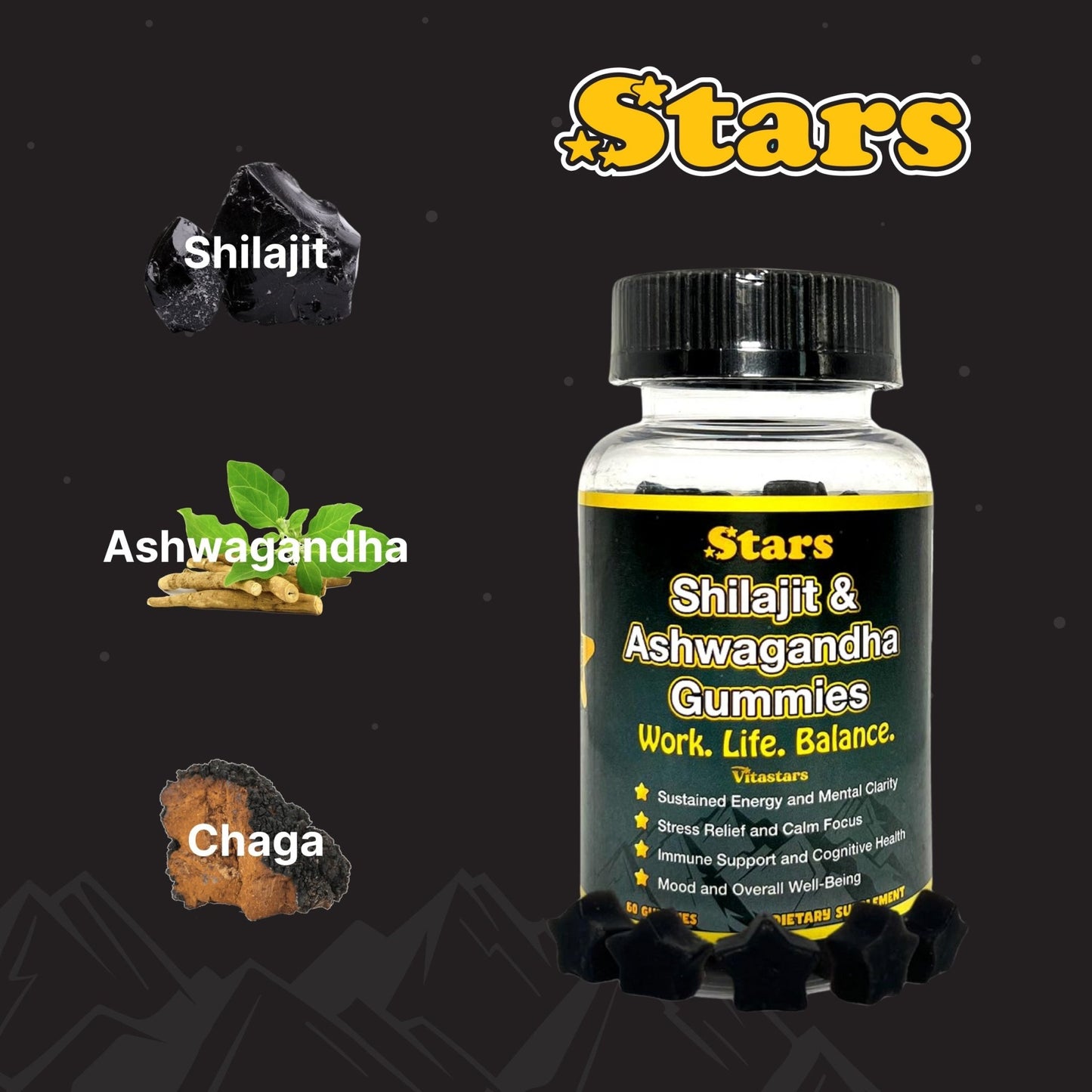 Stars Work. Life. Balance. Shilajit & Ashwagandha Gummies + Chaga Mushroom Vitamin D2 & B12 - Vegan America
