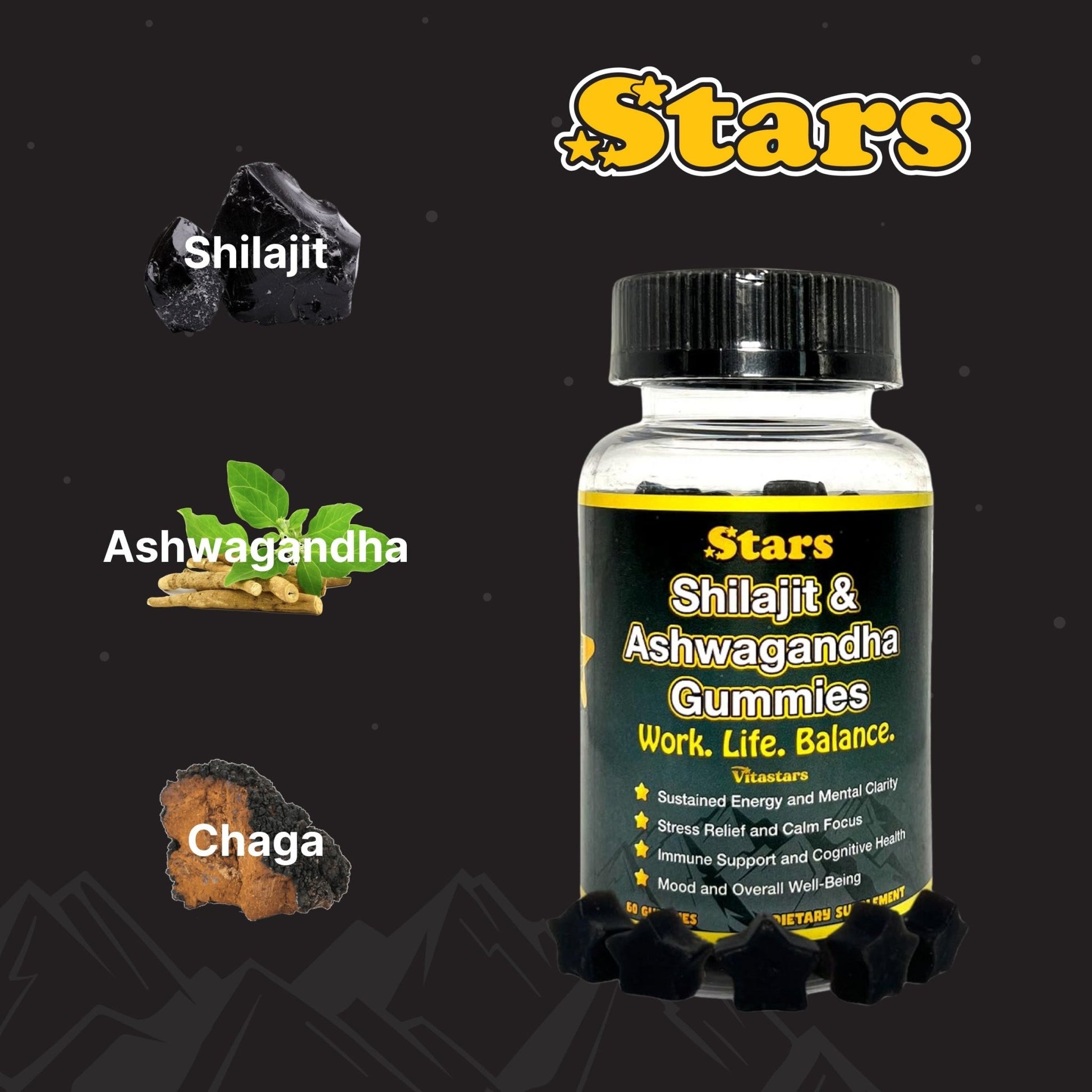 Stars Work. Life. Balance. Shilajit & Ashwagandha Gummies + Chaga Mushroom Vitamin D2 & B12 - Vegan America
