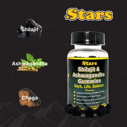 Stars Work. Life. Balance. Shilajit & Ashwagandha Gummies + Chaga Mushroom Vitamin D2 & B12 - Vegan America