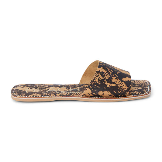 Flat slide sandals featuring a trendy snake print design with brown and black tones, offering a stylish and comfortable option for casual wear.