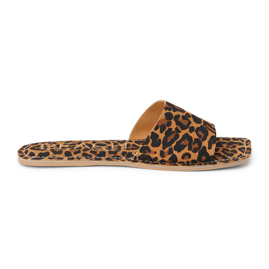 Comfortable and trendy slide sandals with a bold leopard print, perfect for adding a touch of animal print to your casual look.
