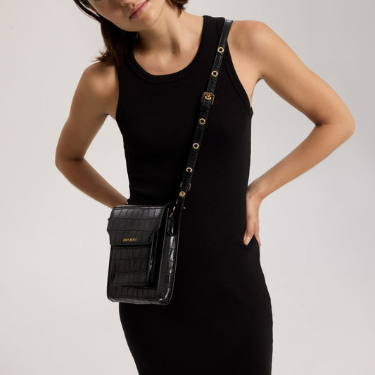 Bandolier Crossbody - Noir Croco + Gold