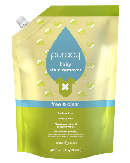 The Baby Stain Remover provides a hypoallergenic and eco-friendly option in a free & clear, 48 fl. oz. pouch, featuring a sulfate-free, plant-based formula enriched with powerful plant-based enzymes.