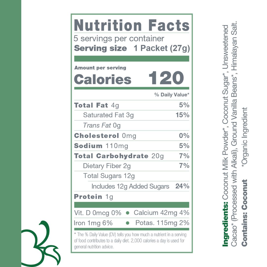 Instant Dairy Free Coconut Hot Cocoa Mix  | Single Serving 5 Pack |Gluten Free, Vegan and Organic