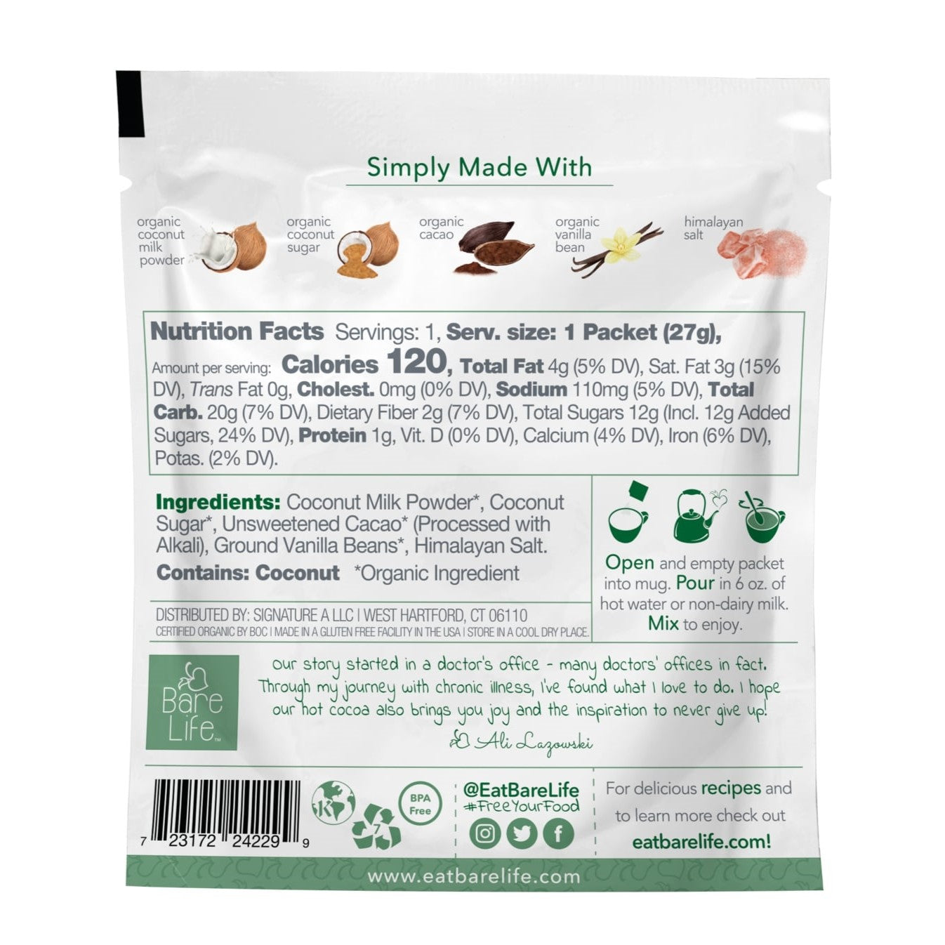 Instant Dairy Free Coconut Hot Cocoa Mix  |  Single Serving | Gluten Free, Vegan and Organic - Bare Life