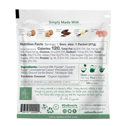 Instant Dairy Free Coconut Hot Cocoa Mix  |  Single Serving | Gluten Free, Vegan and Organic - Bare Life