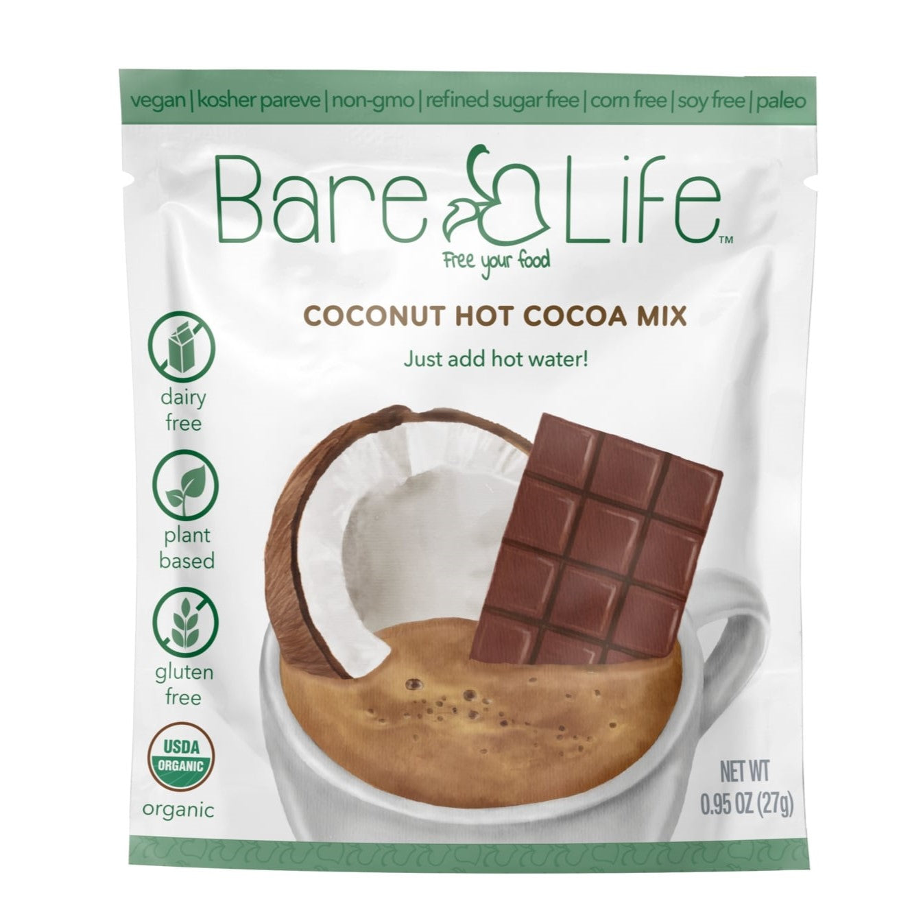 Instant Dairy Free Coconut Hot Cocoa Mix  |  Single Serving | Gluten Free, Vegan and Organic - Bare Life