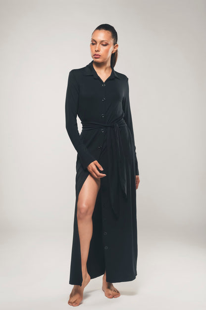 Maxi Longsleeve Shirt Dress in Black - Beatrice