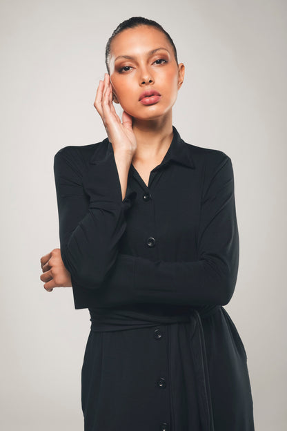 Maxi Longsleeve Shirt Dress in Black - Beatrice