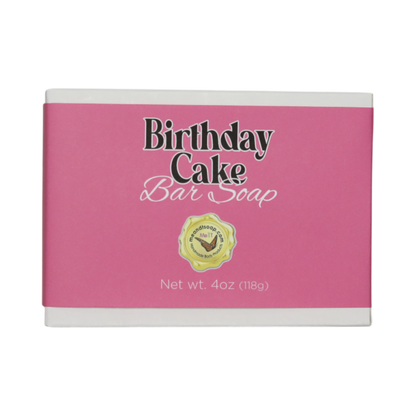 Birthday Cake Bar Soap in a white box with a pink label