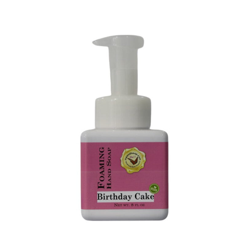 Birthday Cake Foaming Hand Soap in a white bottle and a pink label