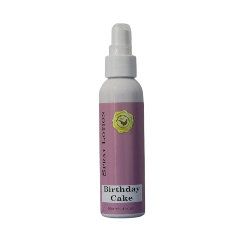Birthday Cake Spray lotion in a white bottle with a pink label