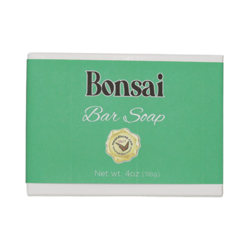 Bonsai Bar Soap in a white box with a green label