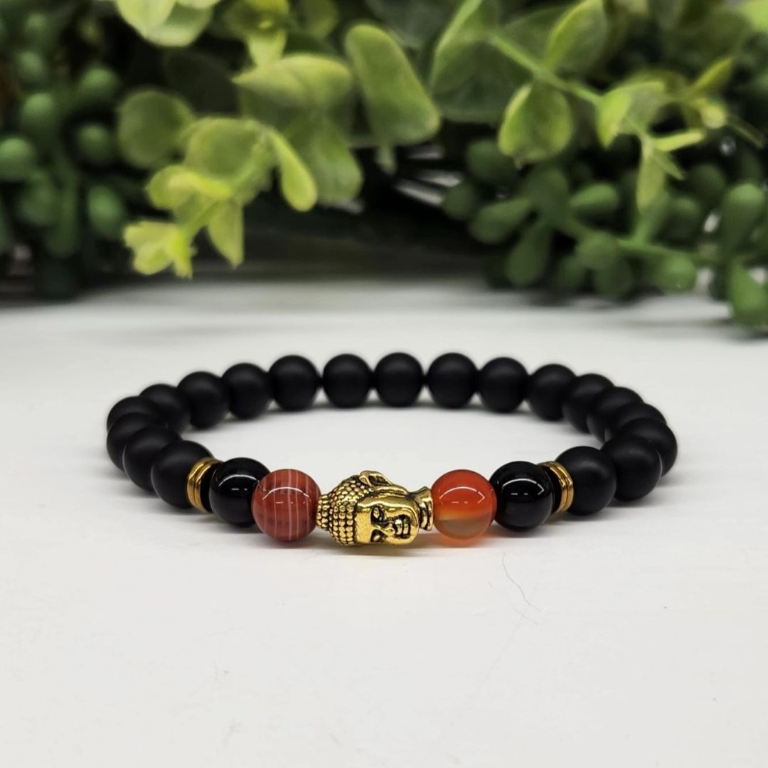 Buddha Black Obsidian Beaded Bracelet, Carnelian Gold Tone