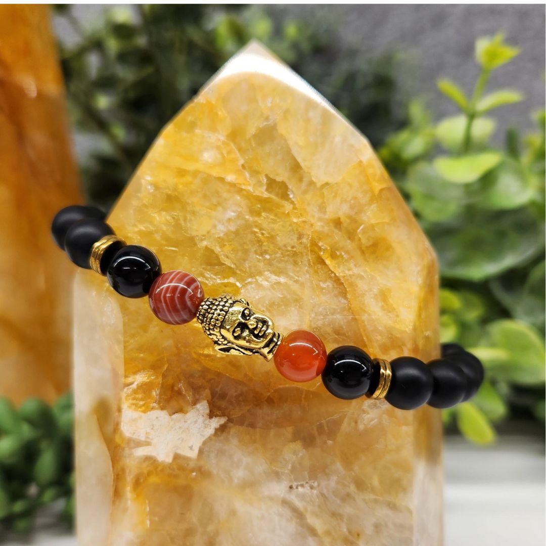 Buddha Black Obsidian Beaded Bracelet, Carnelian Gold Tone