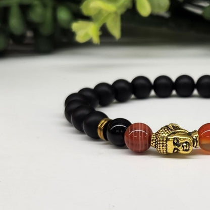 Buddha Black Obsidian Beaded Bracelet, Carnelian Gold Tone