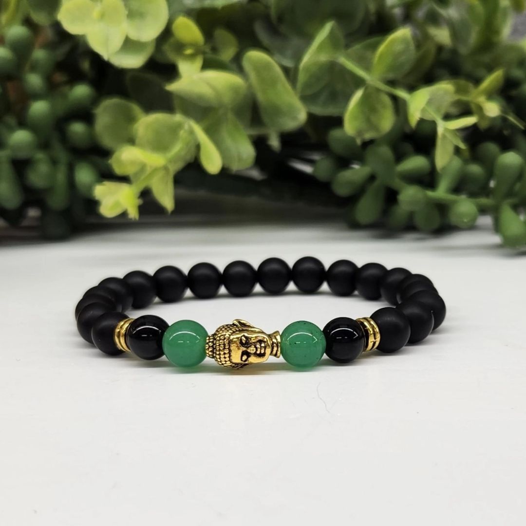 Buddha Black Obsidian Beaded Bracelet, Green Aventurine Gold Tone