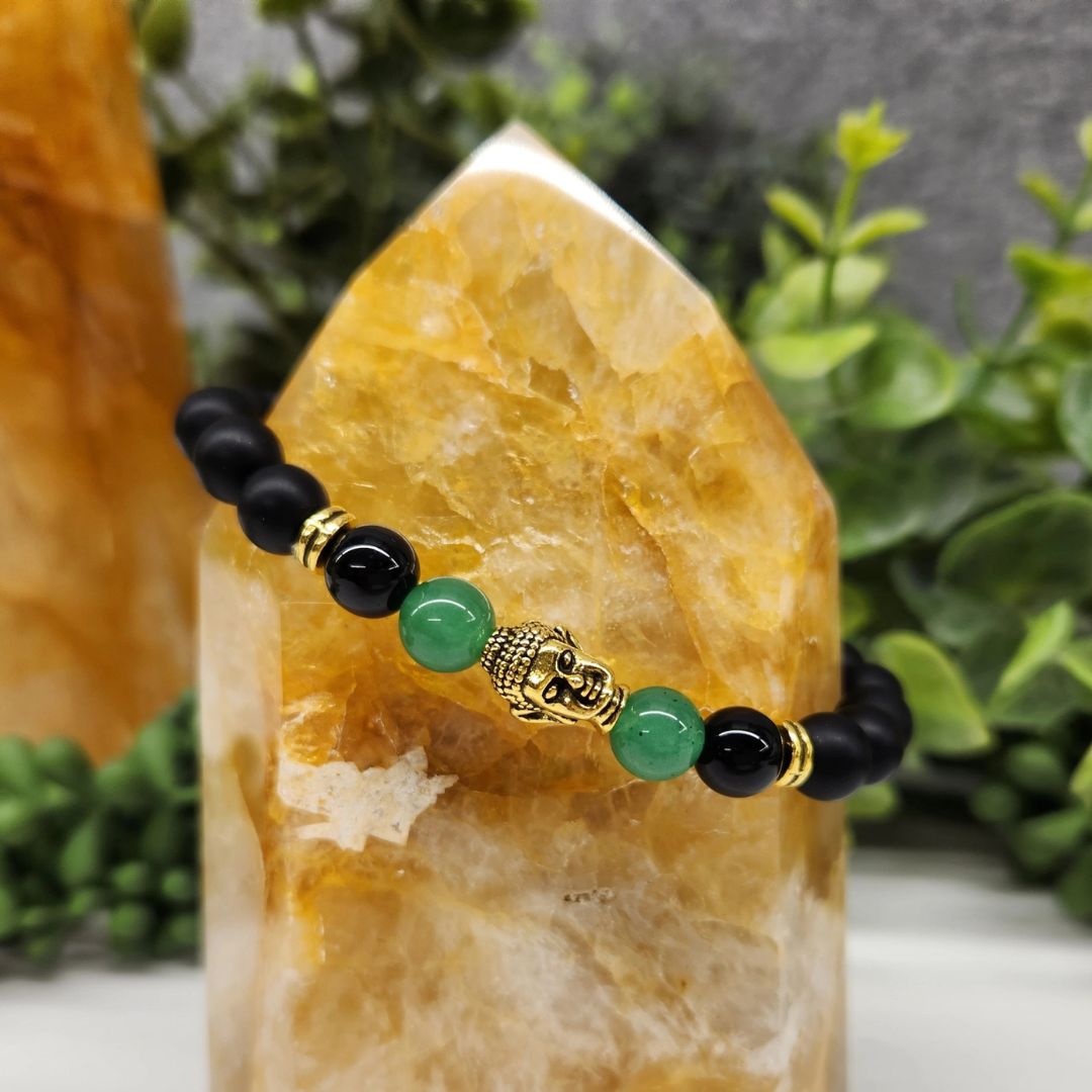 Buddha Black Obsidian Beaded Bracelet, Green Aventurine Gold Tone