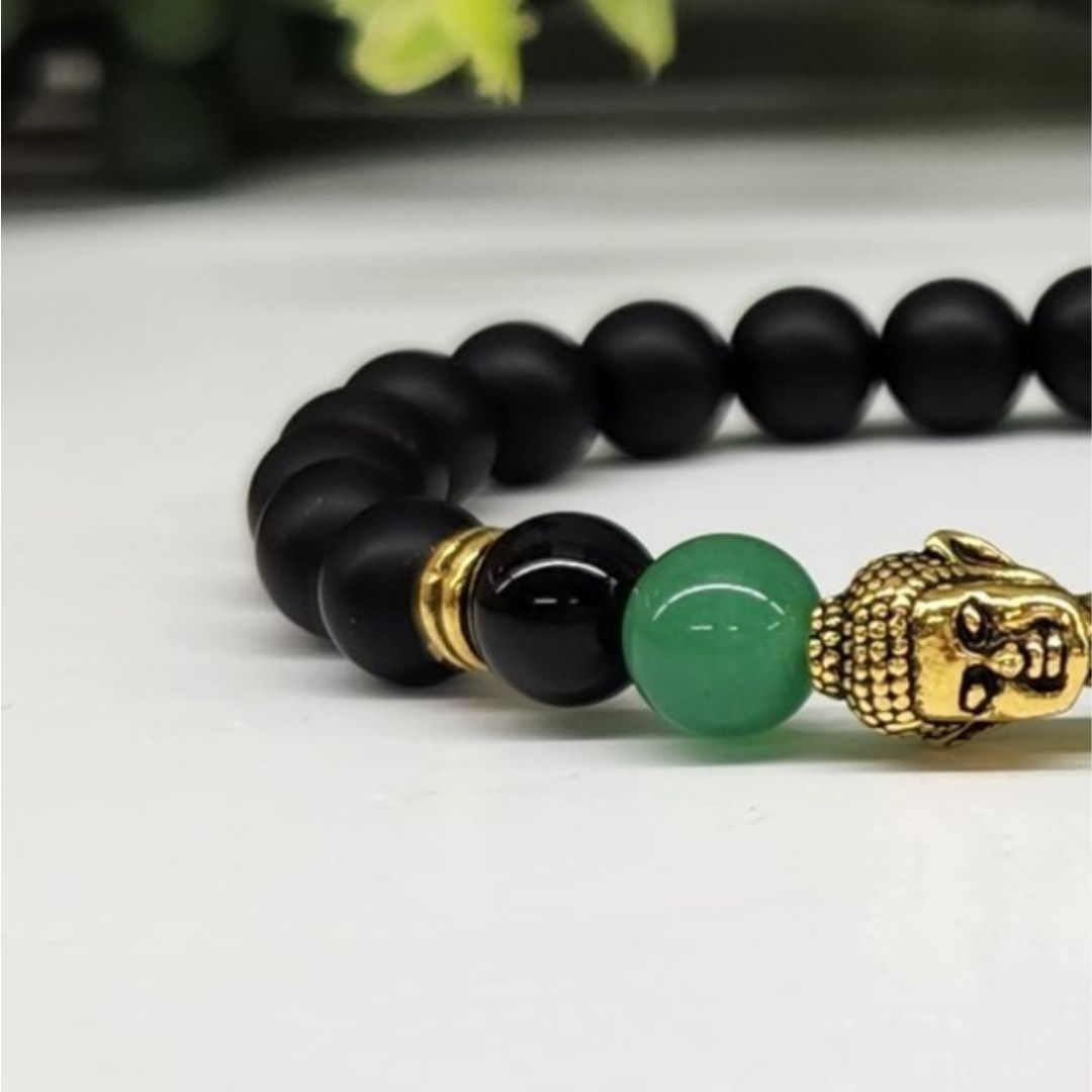 Buddha Black Obsidian Beaded Bracelet, Green Aventurine Gold Tone