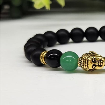 Buddha Black Obsidian Beaded Bracelet, Green Aventurine Gold Tone
