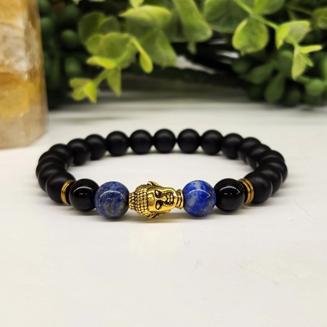 Buddha Black Obsidian Beaded Bracelet, Lapis Lazuli Gold Tone