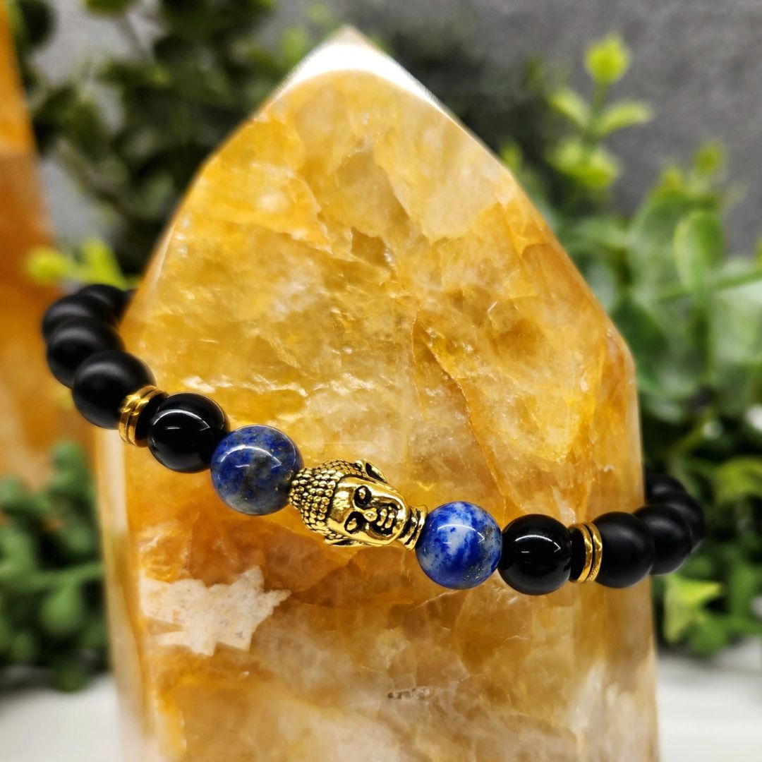 Buddha Black Obsidian Beaded Bracelet, Lapis Lazuli Gold Tone