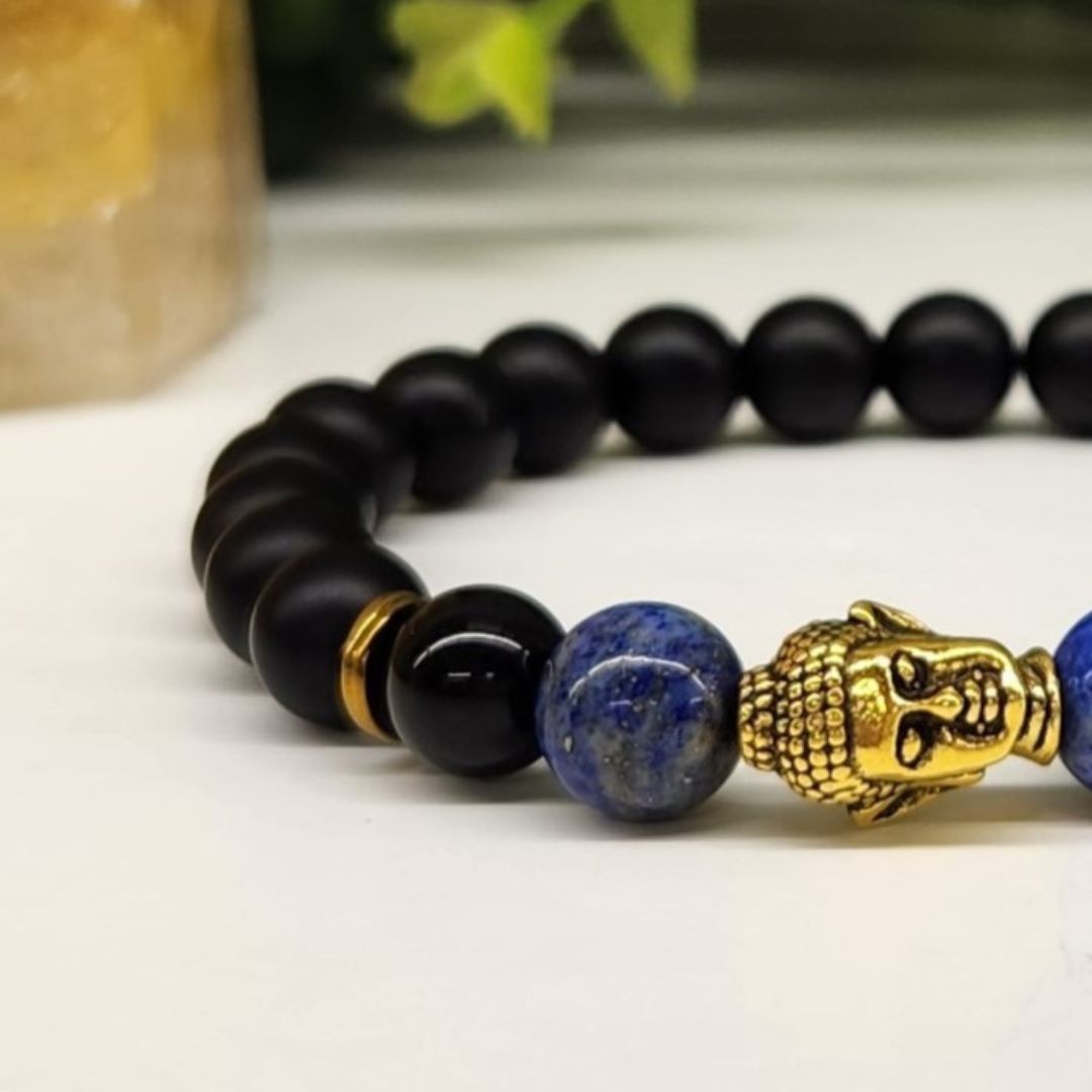 Buddha Black Obsidian Beaded Bracelet, Lapis Lazuli Gold Tone