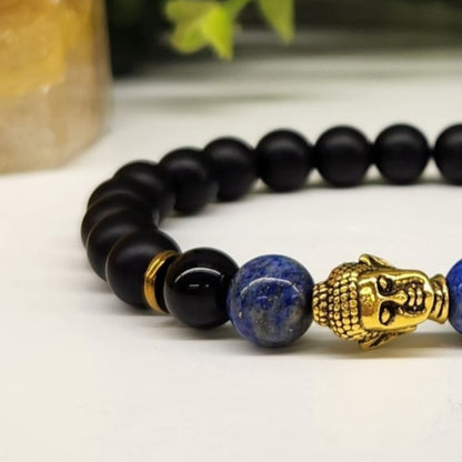 Buddha Black Obsidian Beaded Bracelet, Lapis Lazuli Gold Tone