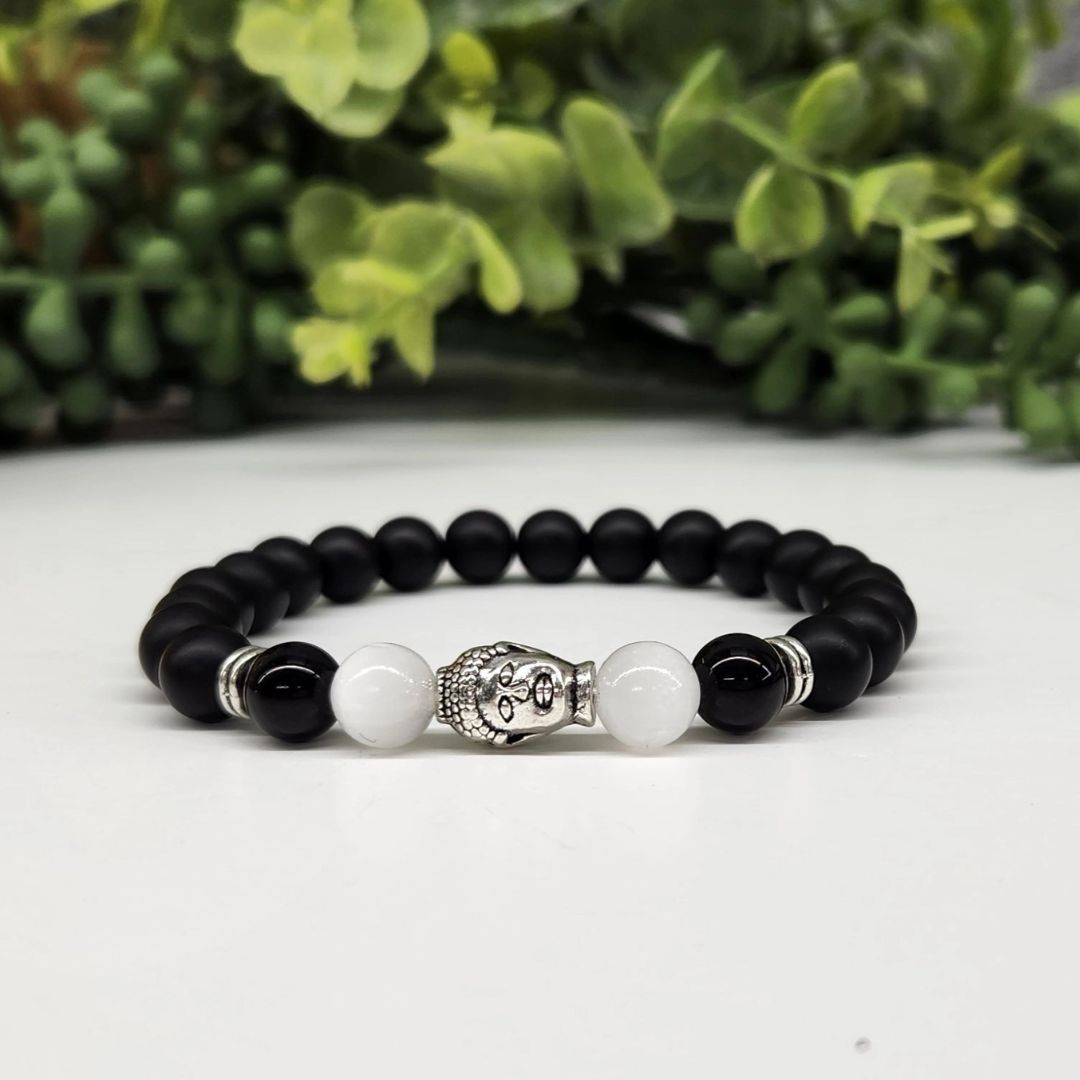 Buddha Black Obsidian Beaded Bracelet, Selenite Silver Tone