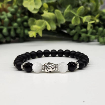 Buddha Black Obsidian Beaded Bracelet, Selenite Silver Tone