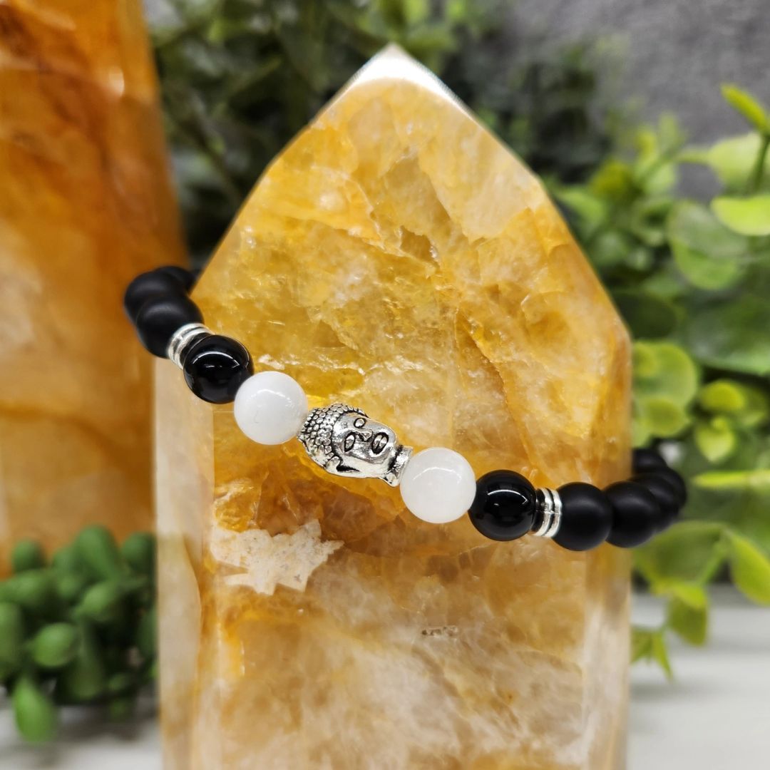 Buddha Black Obsidian Beaded Bracelet, Selenite Silver Tone