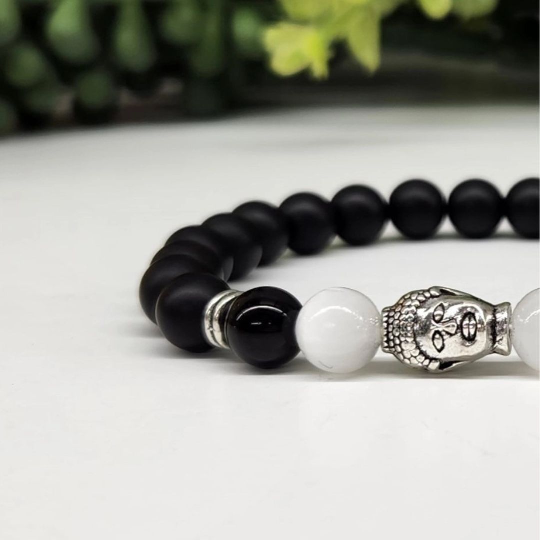 Buddha Black Obsidian Beaded Bracelet, Selenite Silver Tone