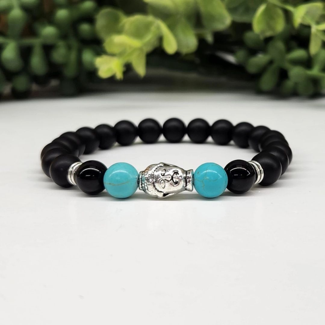 Buddha Black Obsidian Beaded Bracelet, Turquoise Silver Tone