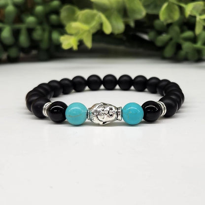 Buddha Black Obsidian Beaded Bracelet, Turquoise Silver Tone