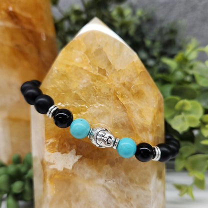 Buddha Black Obsidian Beaded Bracelet, Turquoise Silver Tone