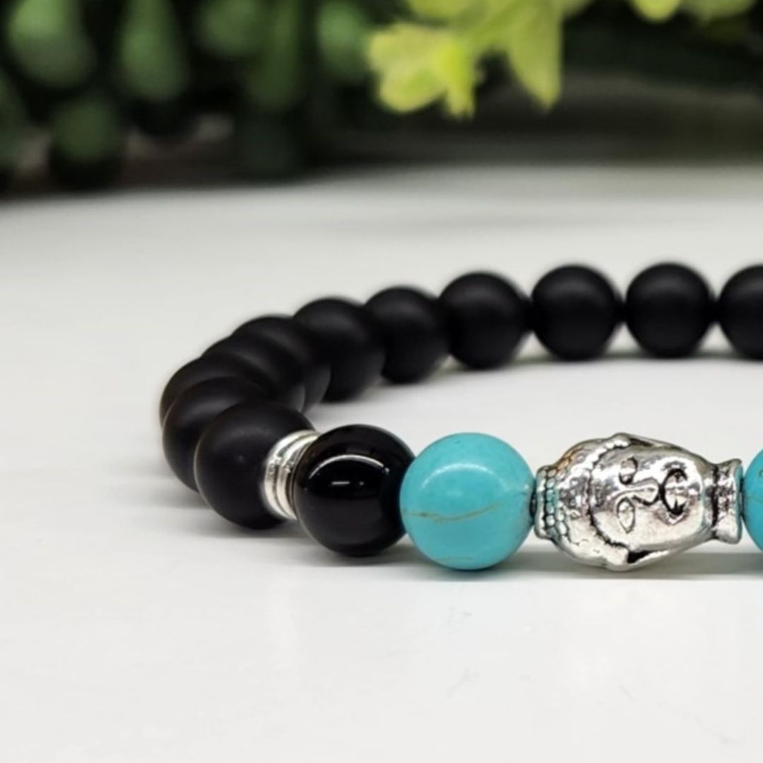 Buddha Black Obsidian Beaded Bracelet, Turquoise Silver Tone