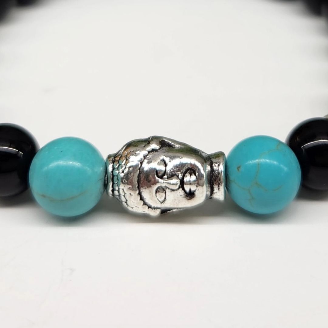 Buddha Black Obsidian Beaded Bracelet, Turquoise Silver Tone
