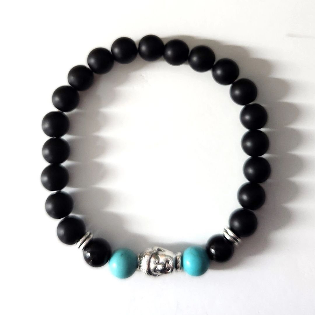 Buddha Black Obsidian Beaded Bracelet, Turquoise Silver Tone