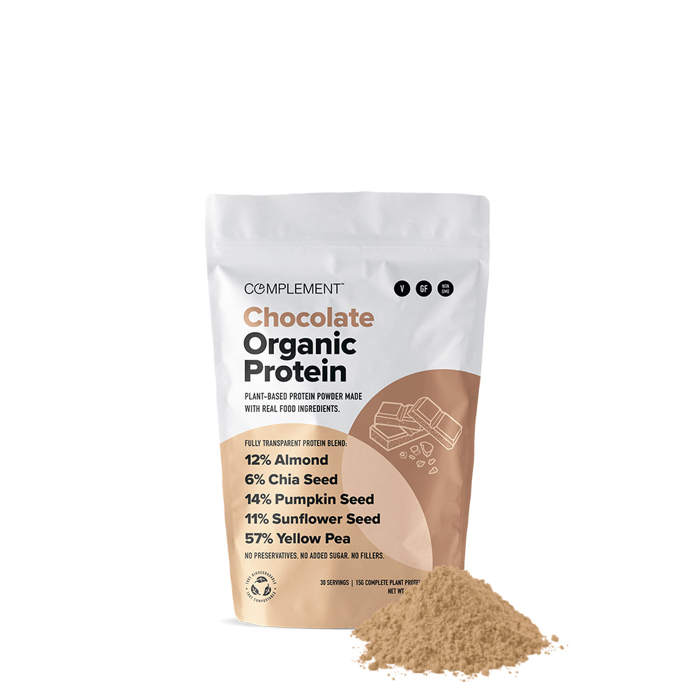 A white bag labeled Chocolate Organic Protein includes text about its plant-based ingredients: almond, chia seed, pumpkin seed, sunflower seed, and yellow pea. A mound of protein powder is placed in front of the bag.